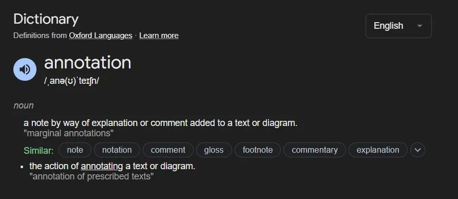 Definition of Annotation As per Google Translate